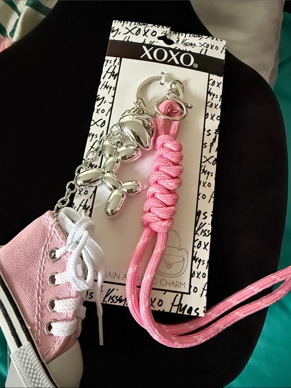 XOXO Pink Sneaker & Silver Balloon Dog Keychain & Purse charm 12”